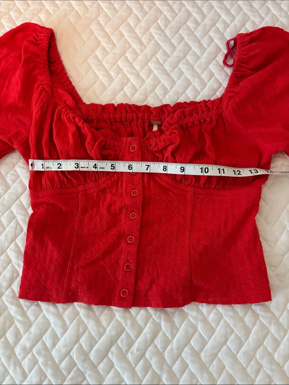 Free People Red Puff-Sleeve Button-Front Top